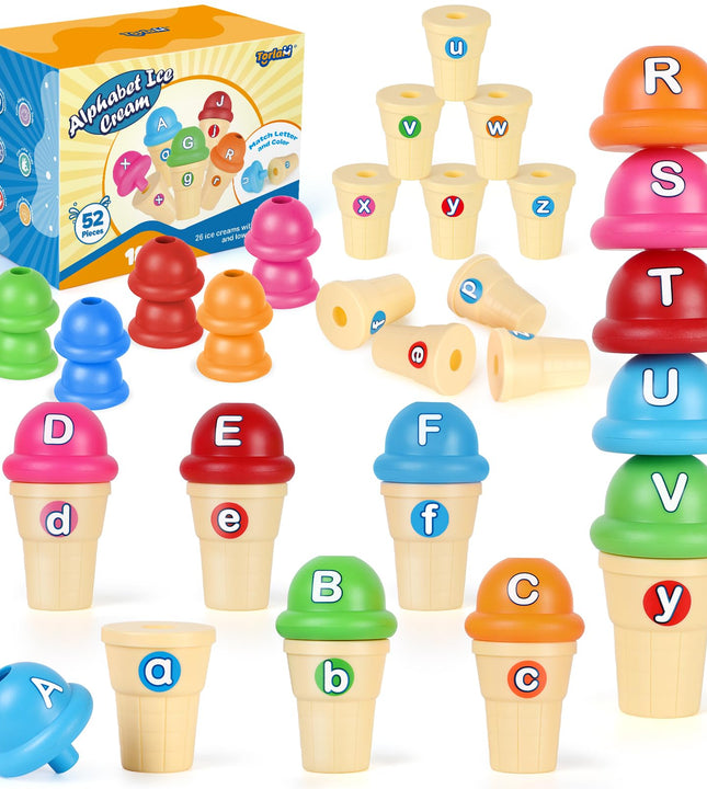 Torlam Alphabet Learning Ice Cream Toy Play Set, Toddler Learning Toy ABC Letter Recognition Matching 26 Letters Games, Kindergarten Preschool Classroom Must Haves Kids Learning Activities, 52 Pieces