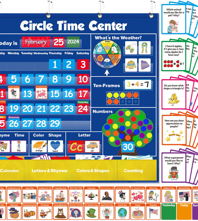 Circle Learning Time Center Pocket Chart Calendar Set, Educational Pocket Chart Learning Shape, Color Classroom Pocket Chart-Number Pocket Chart Wording Rhyme Pictures Pocket Chart