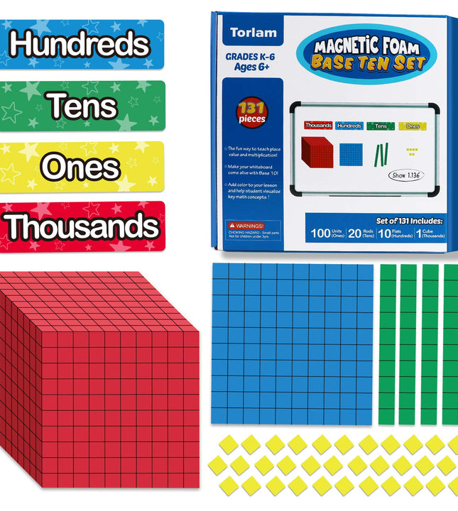 Torlam 131 PCS Magnetic Base Ten Blocks - Place Value Blocks -Math Manipulatives K-3 for Elementary Classroom, Math Counters, Counting Cubes for Kids, Base 10 for 1st 2nd 3rd Grade