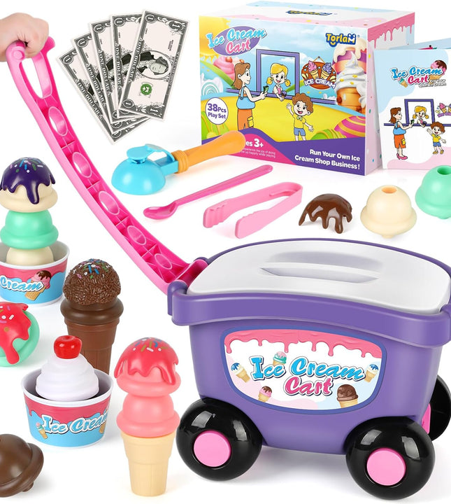 Torlam Ice Cream Cart for Kids Toys, Pretend Play Food Toys Ice Cream Shop Counter Play Set Scoop and Cone Maker Toy, Toddler Grocery Play Store for 3 4 5 6 Year Old Boy Or Girl Toys