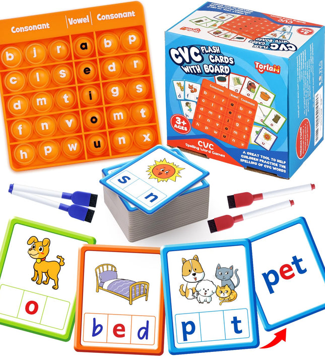 Torlam CVC Word games Phonics Games Sight Words Flash Cards, Spelling Reading Learning Flashcards, Speech Therapy Toy Preschool Kindergarten Classroom Learning Activities Must Have Homeschool Supplies