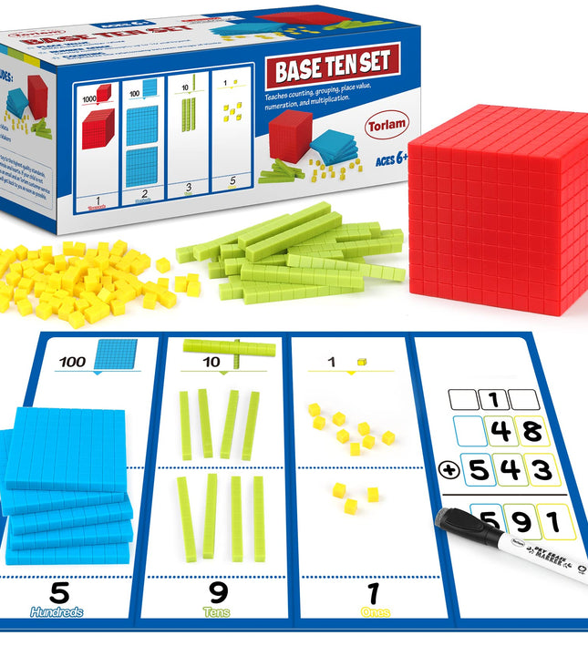 Torlam 131 PCS Base Ten Blocks for Math - Place Value Blocks, Plastic Base 10 Math Manipulatives 1st Grade, Math Counters, Math Cubes, Counting Cubes for Kids Math (Upgraded Version)